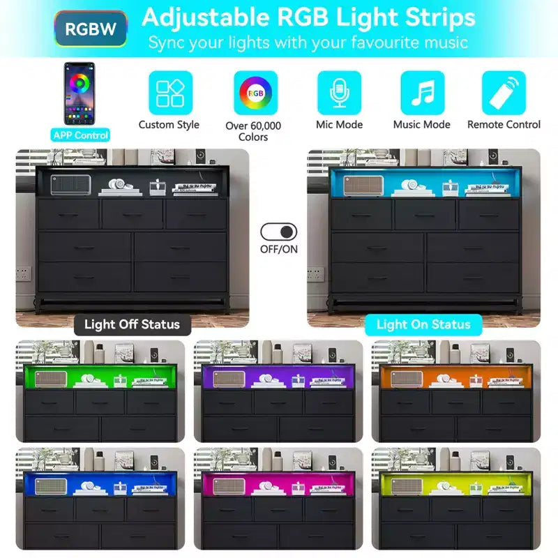 Commode de Chambre avec Lumières LED 7 Tiroirs avec Station de Recharge, Commode de Rangement en Bois pour Entrée, Placard, Salon, Couloir