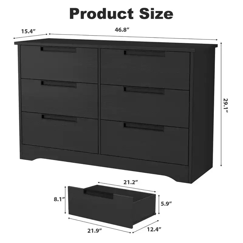 Commode à 6 tiroirs pour chambre, commode moderne noire à 6 tiroirs avec poignées intégrées, commode de rangement en bois pour salon, chambre de bébé, couloir