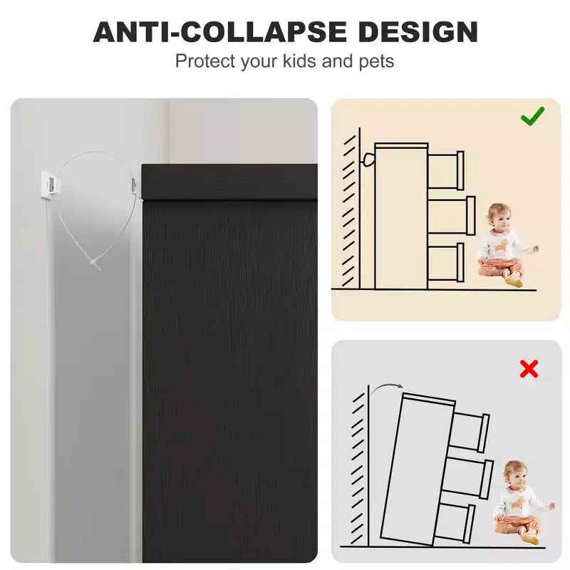 Commode à 6 tiroirs pour chambre, commode moderne noire à 6 tiroirs avec poignées intégrées, commode de rangement en bois pour salon, chambre de bébé, couloir