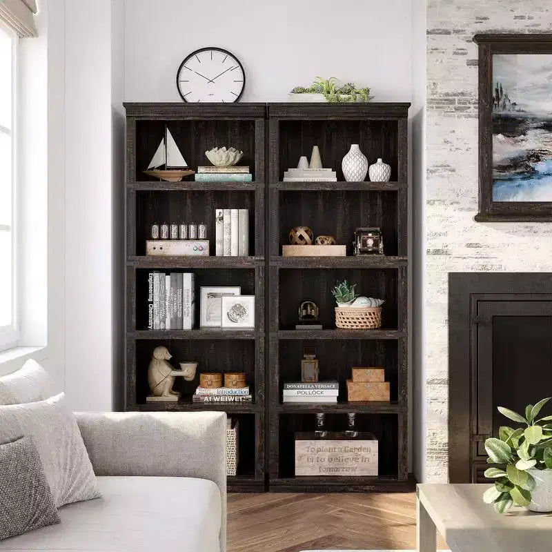 Étagère à livres à 5 niveaux, Bibliothèque de style fermier, Étagère haute avec rangement, Bibliothèques en bois pour salon