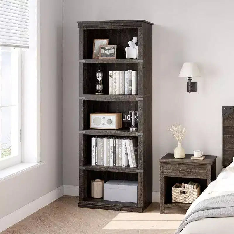 Étagère à livres à 5 niveaux, Bibliothèque de style fermier, Étagère haute avec rangement, Bibliothèques en bois pour salon