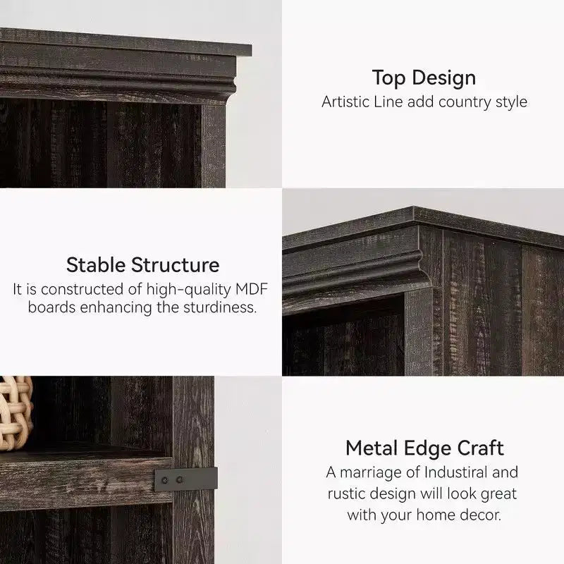 Étagère à livres à 5 niveaux, Bibliothèque de style fermier, Étagère haute avec rangement, Bibliothèques en bois pour salon