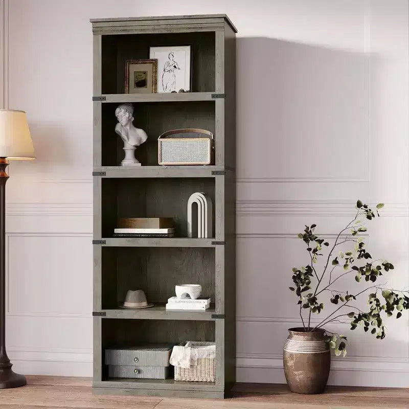 Étagère à livres à 5 niveaux, Bibliothèque de style fermier, Étagère haute avec rangement, Bibliothèques en bois pour salon
