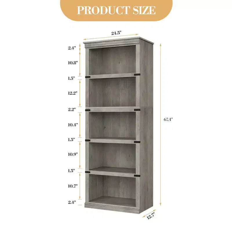 Étagère à livres à 5 niveaux, Bibliothèque de style fermier, Étagère haute avec rangement, Bibliothèques en bois pour salon