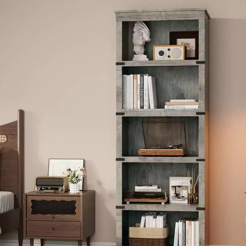 Étagère à livres à 5 niveaux, Bibliothèque de style fermier, Étagère haute avec rangement, Bibliothèques en bois pour salon