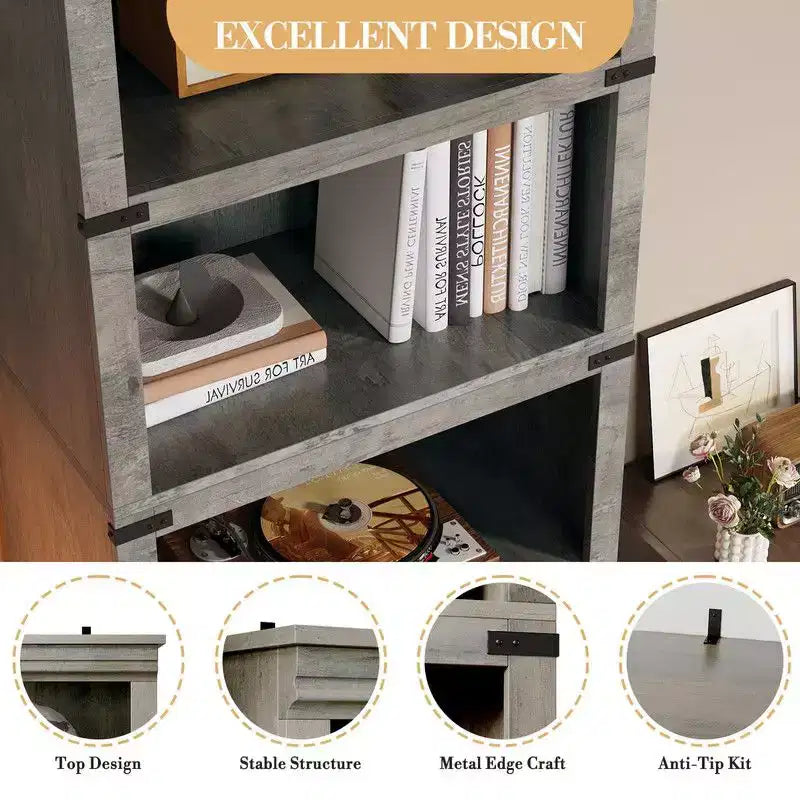 Étagère à livres à 5 niveaux, Bibliothèque de style fermier, Étagère haute avec rangement, Bibliothèques en bois pour salon