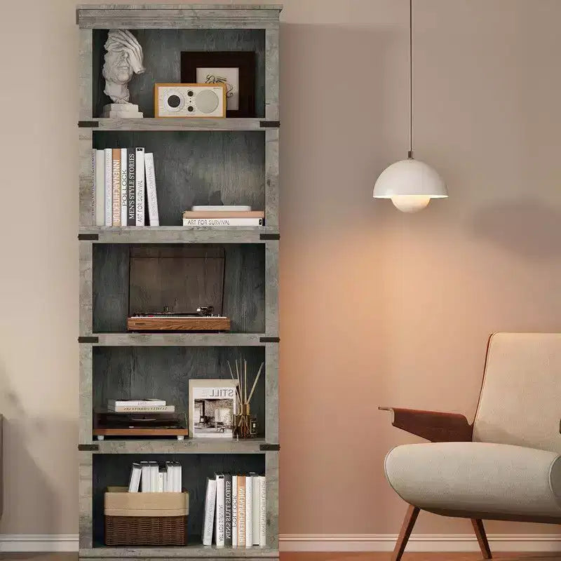 Étagère à livres à 5 niveaux, Bibliothèque de style fermier, Étagère haute avec rangement, Bibliothèques en bois pour salon