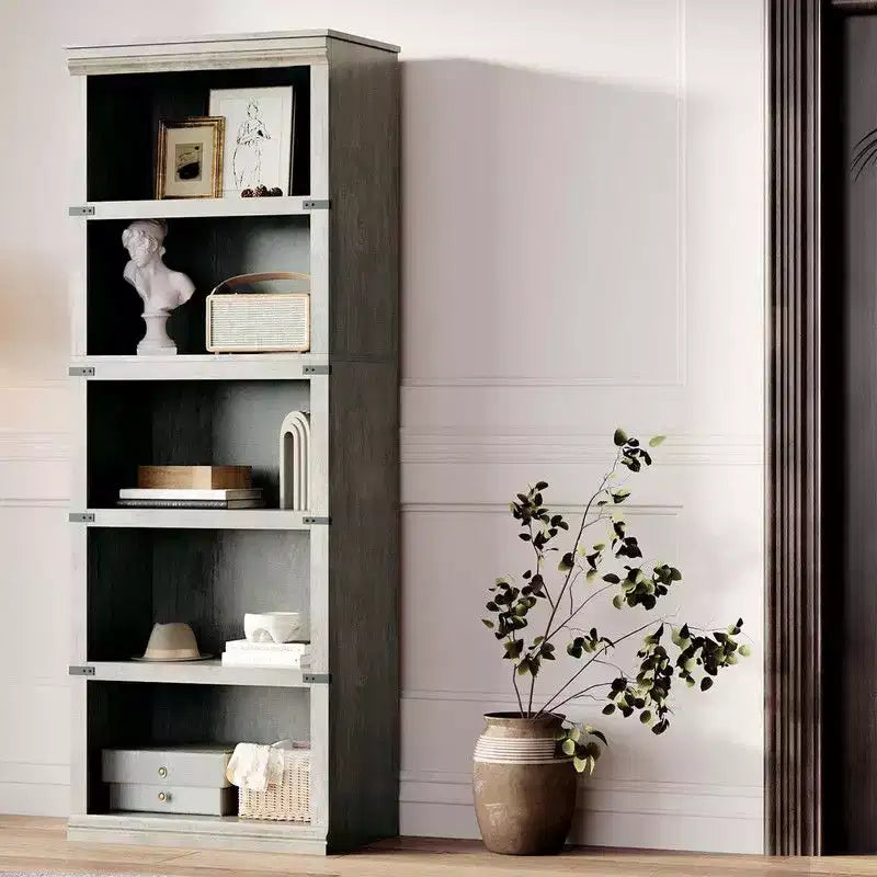 Étagère à livres à 5 niveaux, Bibliothèque de style fermier, Étagère haute avec rangement, Bibliothèques en bois pour salon