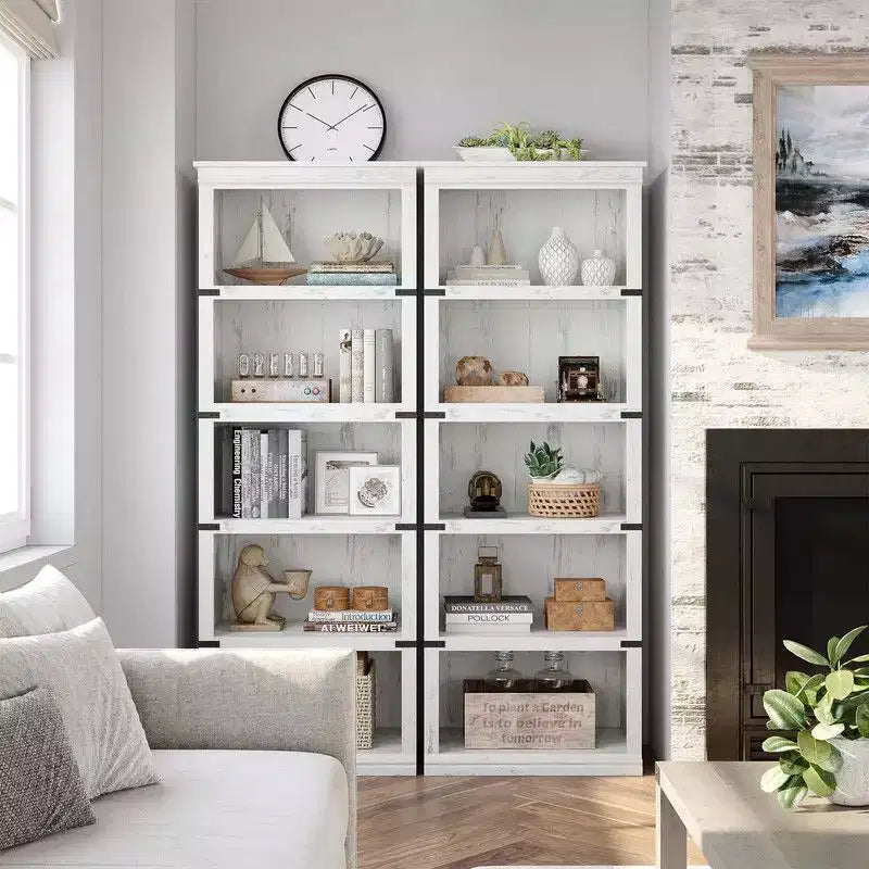 Étagère à livres à 5 niveaux, Bibliothèque de style fermier, Étagère haute avec rangement, Bibliothèques en bois pour salon