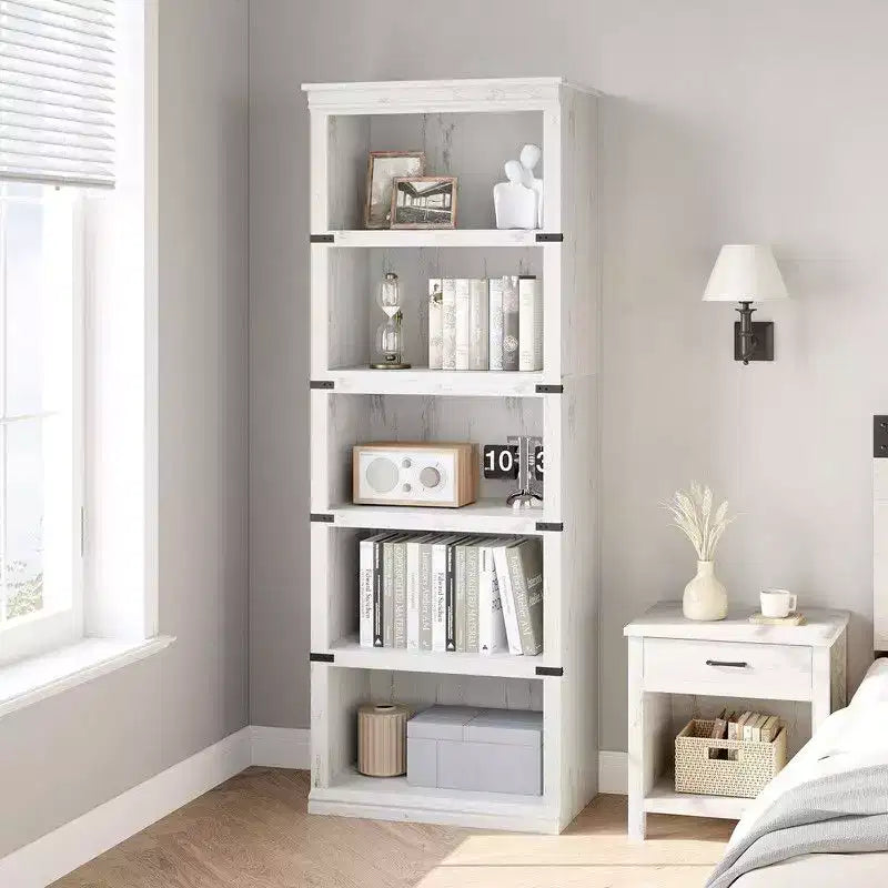 Étagère à livres à 5 niveaux, Bibliothèque de style fermier, Étagère haute avec rangement, Bibliothèques en bois pour salon