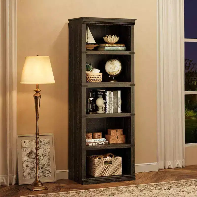 Étagère à livres à 5 niveaux, Bibliothèque de style fermier, Étagère haute avec rangement, Bibliothèques en bois pour salon