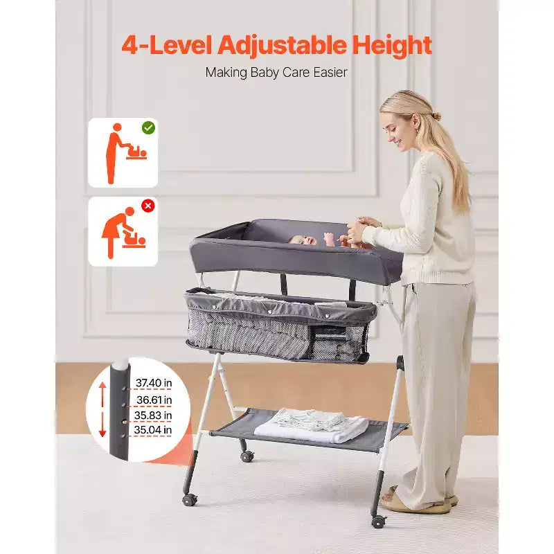 Table à langer VEVOR, Station à langer pliable avec panier latéral, roulettes verrouillables, organiseur de rangement multifonctionnel pour chambre de bébé, gris foncé