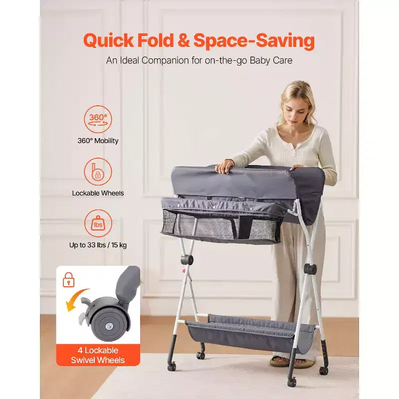 Table à langer VEVOR, Station à langer pliable avec panier latéral, roulettes verrouillables, organiseur de rangement multifonctionnel pour chambre de bébé, gris foncé