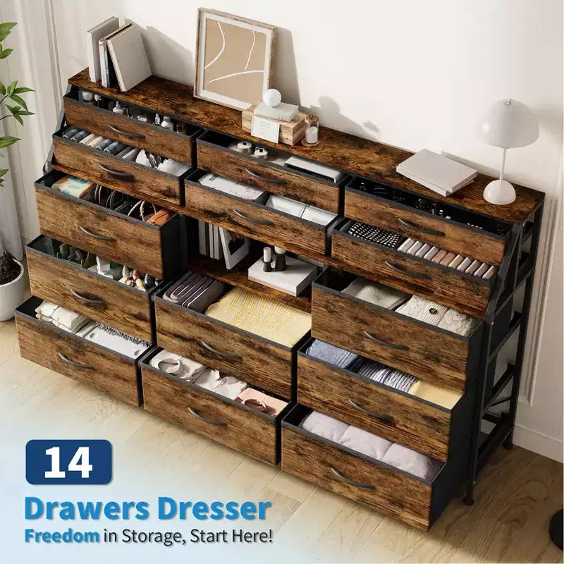 Commode noire et blanche pour chambre à coucher, commode moderne de 140 cm de large avec meuble TV, organisateur à 14 tiroirs en tissu, grande armoire de rangement pour vêtements pour couloir, salon