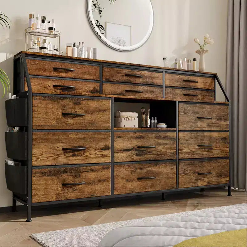 Commode noire et blanche pour chambre à coucher, commode moderne de 140 cm de large avec meuble TV, organisateur à 14 tiroirs en tissu, grande armoire de rangement pour vêtements pour couloir, salon