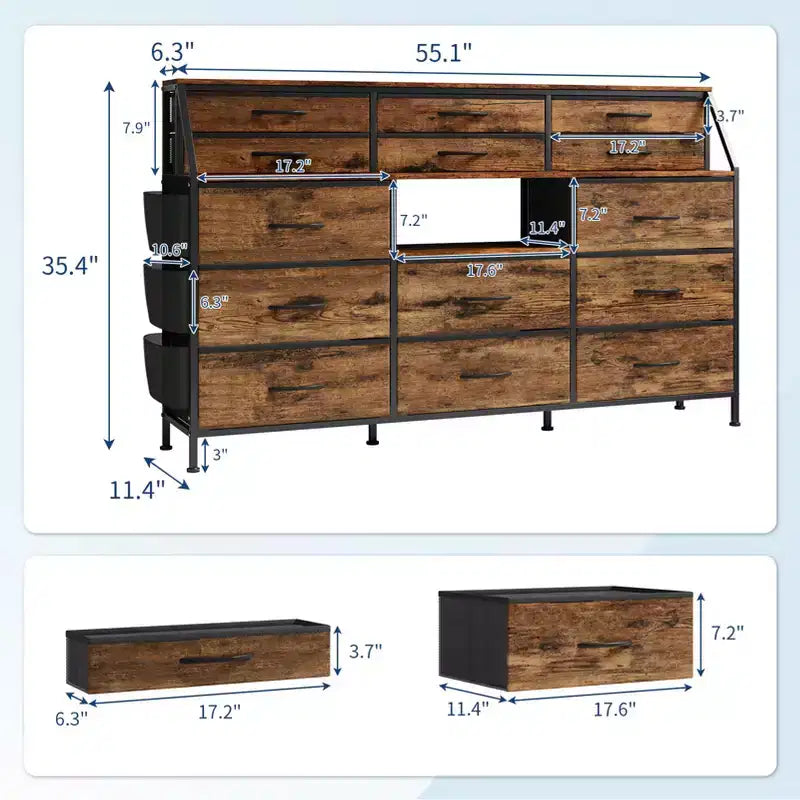 Commode noire et blanche pour chambre à coucher, commode moderne de 140 cm de large avec meuble TV, organisateur à 14 tiroirs en tissu, grande armoire de rangement pour vêtements pour couloir, salon