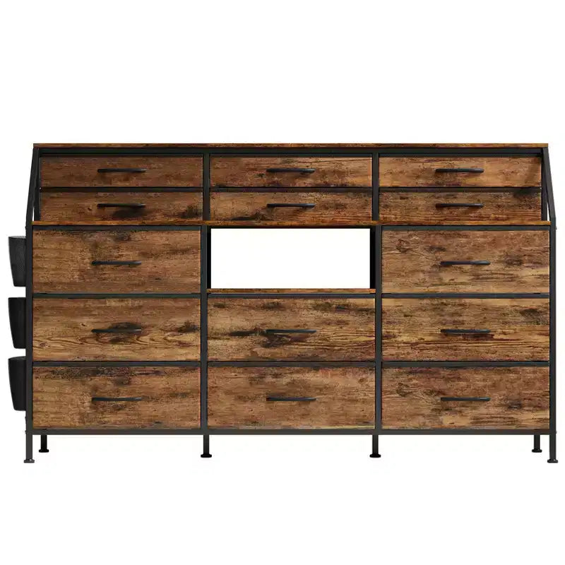 Commode noire et blanche pour chambre à coucher, commode moderne de 140 cm de large avec meuble TV, organisateur à 14 tiroirs en tissu, grande armoire de rangement pour vêtements pour couloir, salon