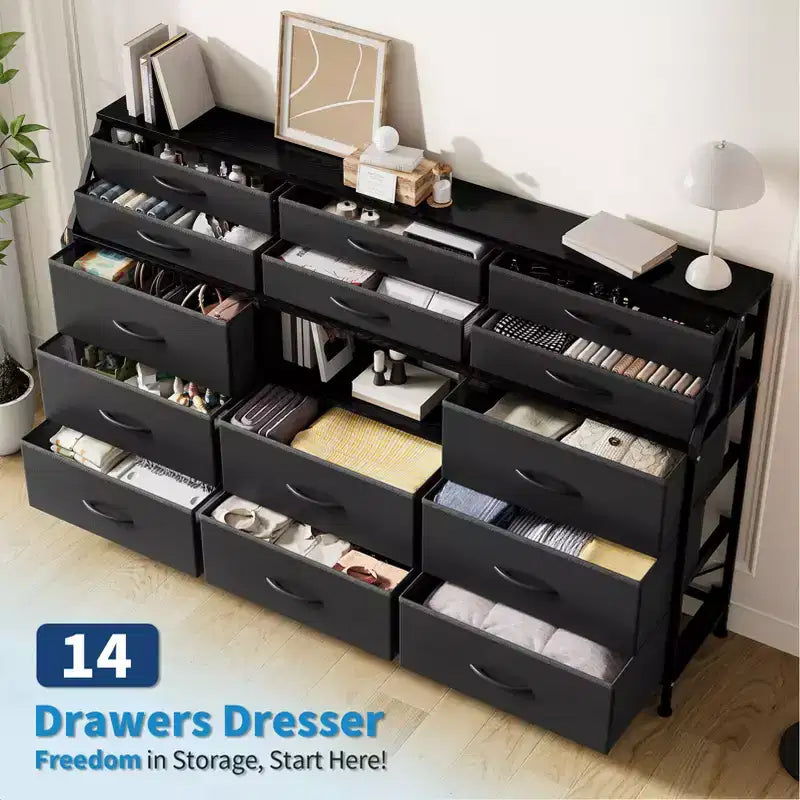 Commode noire et blanche pour chambre à coucher, commode moderne de 140 cm de large avec meuble TV, organisateur à 14 tiroirs en tissu, grande armoire de rangement pour vêtements pour couloir, salon