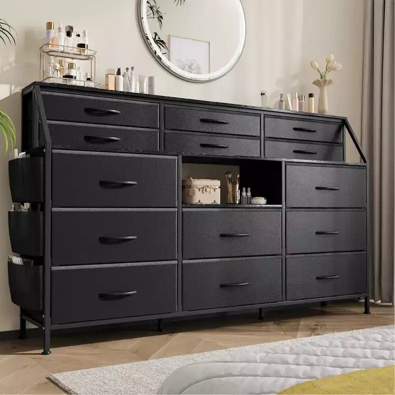 Commode noire et blanche pour chambre à coucher, commode moderne de 140 cm de large avec meuble TV, organisateur à 14 tiroirs en tissu, grande armoire de rangement pour vêtements pour couloir, salon