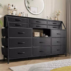 Commode noire et blanche pour chambre à coucher, commode moderne de 140 cm de large avec meuble TV, organisateur à 14 tiroirs en tissu, grande armoire de rangement pour vêtements pour couloir, salon