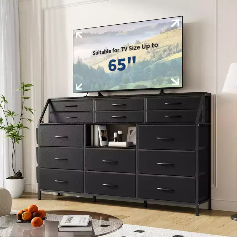 Commode noire et blanche pour chambre à coucher, commode moderne de 140 cm de large avec meuble TV, organisateur à 14 tiroirs en tissu, grande armoire de rangement pour vêtements pour couloir, salon