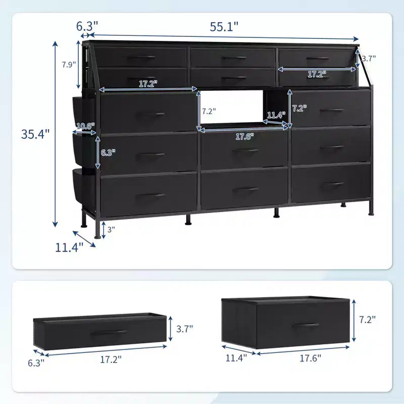 Commode noire et blanche pour chambre à coucher, commode moderne de 140 cm de large avec meuble TV, organisateur à 14 tiroirs en tissu, grande armoire de rangement pour vêtements pour couloir, salon