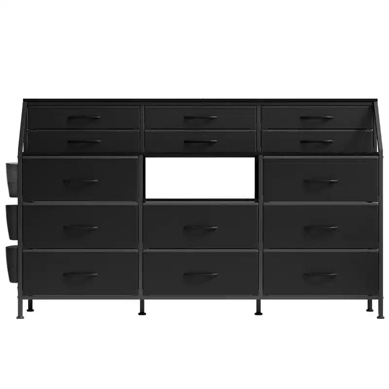 Commode noire et blanche pour chambre à coucher, commode moderne de 140 cm de large avec meuble TV, organisateur à 14 tiroirs en tissu, grande armoire de rangement pour vêtements pour couloir, salon