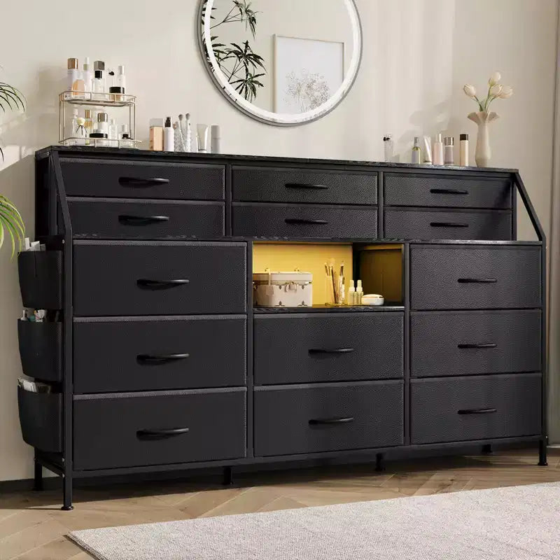 Black/White Dresser for Bedroom, 55 Wide Modern Dresser TV Stand 14 Fabric Drawer Organizer, Large Clothing Storage Cabinet for Hallway, Living Room