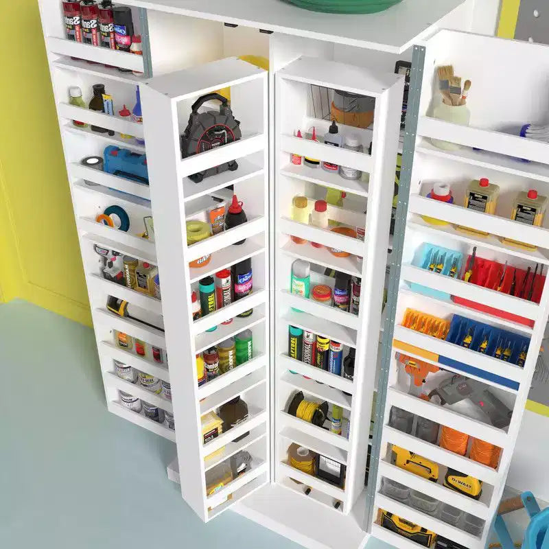 Famapy Armoire de rangement de garage avec étagères rotatives et compartiments de porte, organisateur multicouche, construction robuste, pour outils et fournitures de jardin