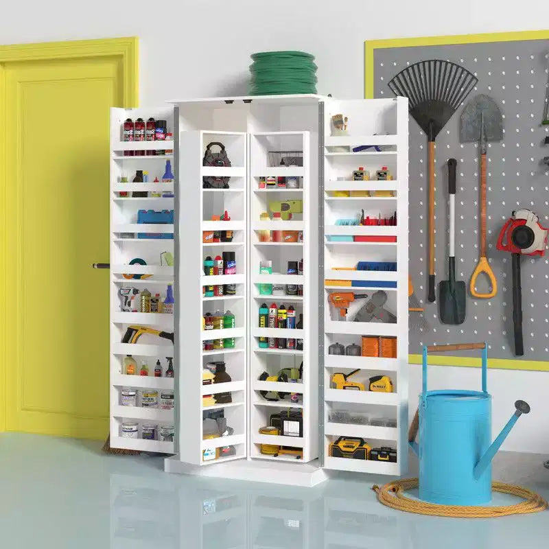 Famapy Armoire de rangement de garage avec étagères rotatives et compartiments de porte, organisateur multicouche, construction robuste, pour outils et fournitures de jardin
