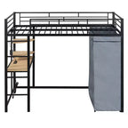 Lit mezzanine avec armoire sous le lit et rideau, cadre de lit en métal avec étagères de bureau, prise de courant et lumière LED