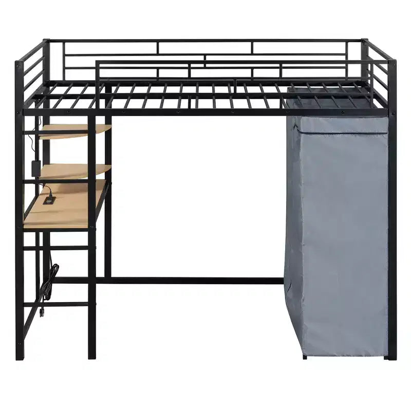 Lit mezzanine avec armoire sous le lit et rideau, cadre de lit en métal avec étagères de bureau, prise de courant et lumière LED