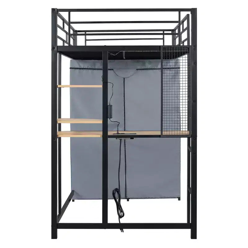 Lit mezzanine avec armoire sous le lit et rideau, cadre de lit en métal avec étagères de bureau, prise de courant et lumière LED