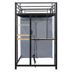 Lit mezzanine avec armoire sous le lit et rideau, cadre de lit en métal avec étagères de bureau, prise de courant et lumière LED
