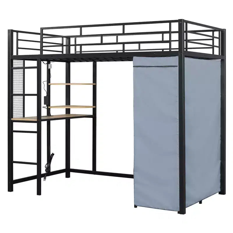 Lit mezzanine avec armoire sous le lit et rideau, cadre de lit en métal avec étagères de bureau, prise de courant et lumière LED