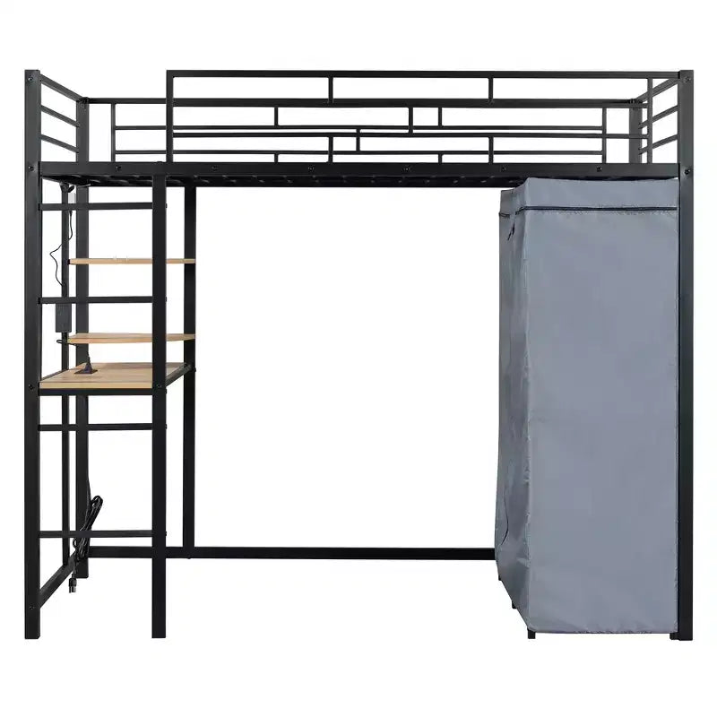 Lit mezzanine avec armoire sous le lit et rideau, cadre de lit en métal avec étagères de bureau, prise de courant et lumière LED
