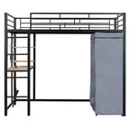 Lit mezzanine avec armoire sous le lit et rideau, cadre de lit en métal avec étagères de bureau, prise de courant et lumière LED