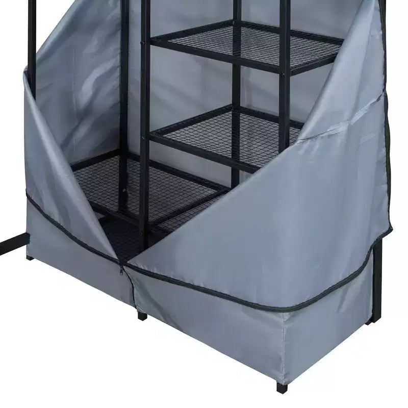 Lit mezzanine avec armoire sous le lit et rideau, cadre de lit en métal avec étagères de bureau, prise de courant et lumière LED