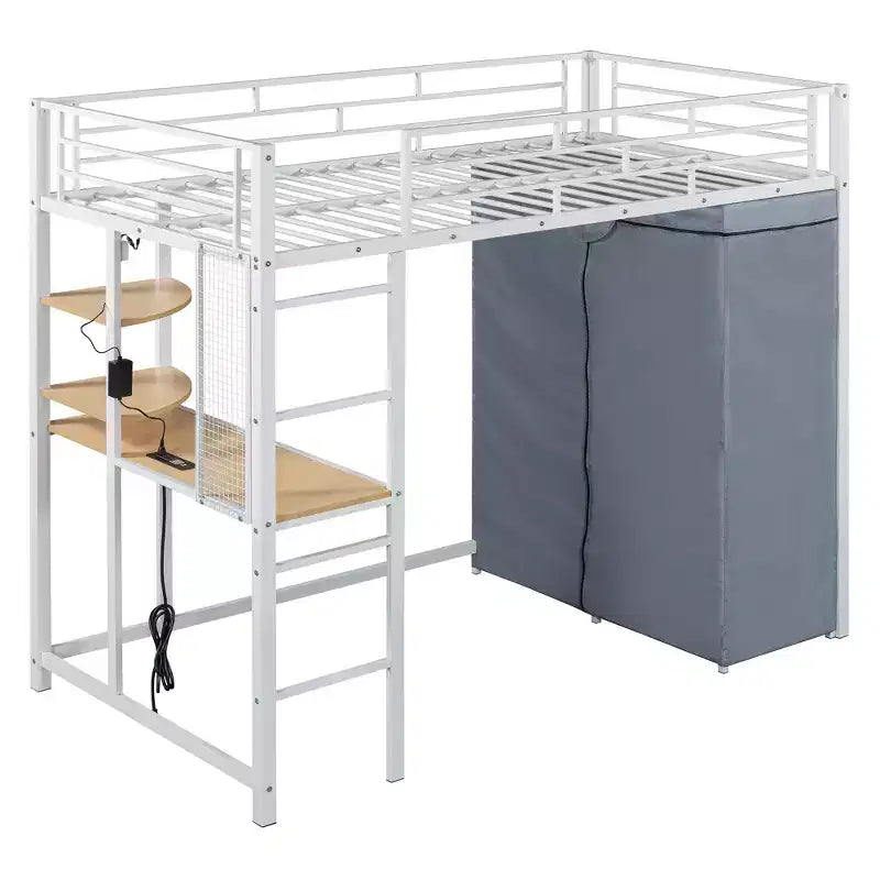 Lit mezzanine avec armoire sous le lit et rideau, cadre de lit en métal avec étagères de bureau, prise de courant et lumière LED