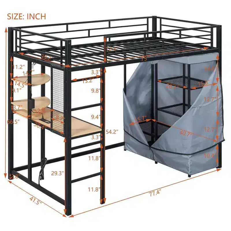 Lit mezzanine avec armoire sous le lit et rideau, cadre de lit en métal avec étagères de bureau, prise de courant et lumière LED