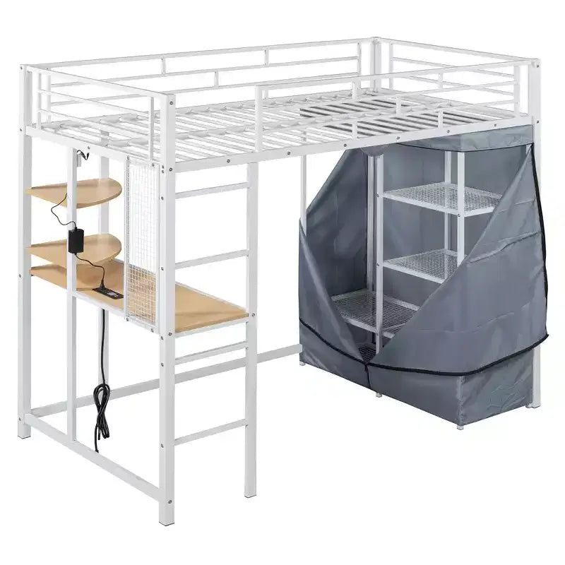 Lit mezzanine avec armoire sous le lit et rideau, cadre de lit en métal avec étagères de bureau, prise de courant et lumière LED