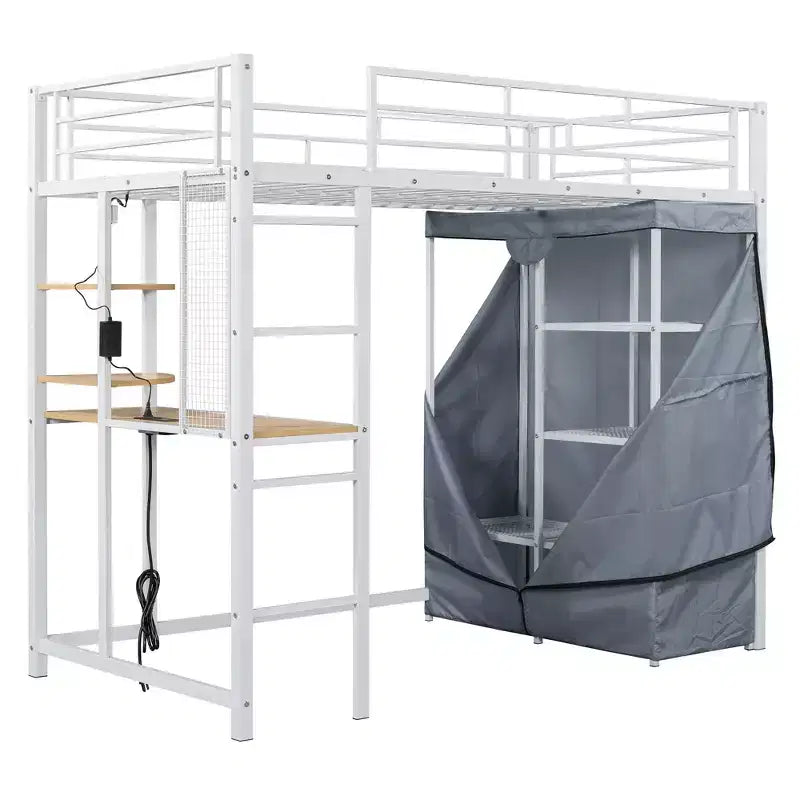 Lit mezzanine avec armoire sous le lit et rideau, cadre de lit en métal avec étagères de bureau, prise de courant et lumière LED