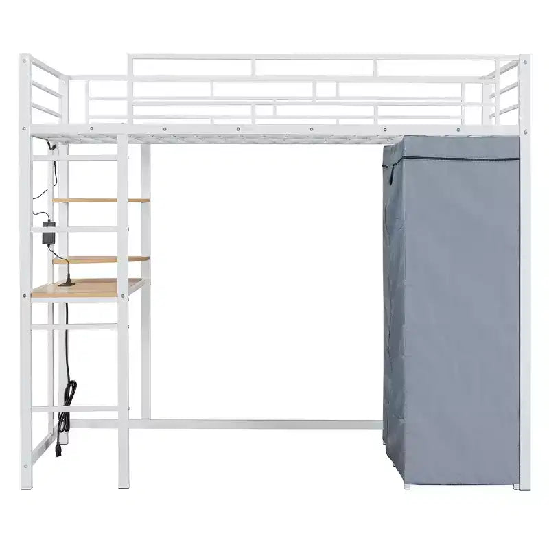 Lit mezzanine avec armoire sous le lit et rideau, cadre de lit en métal avec étagères de bureau, prise de courant et lumière LED