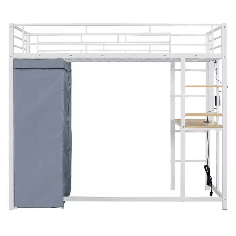 Lit mezzanine avec armoire sous le lit et rideau, cadre de lit en métal avec étagères de bureau, prise de courant et lumière LED