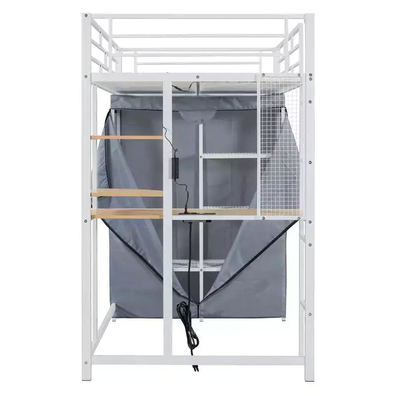 Lit mezzanine avec armoire sous le lit et rideau, cadre de lit en métal avec étagères de bureau, prise de courant et lumière LED