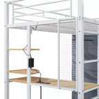 Lit mezzanine avec armoire sous le lit et rideau, cadre de lit en métal avec étagères de bureau, prise de courant et lumière LED
