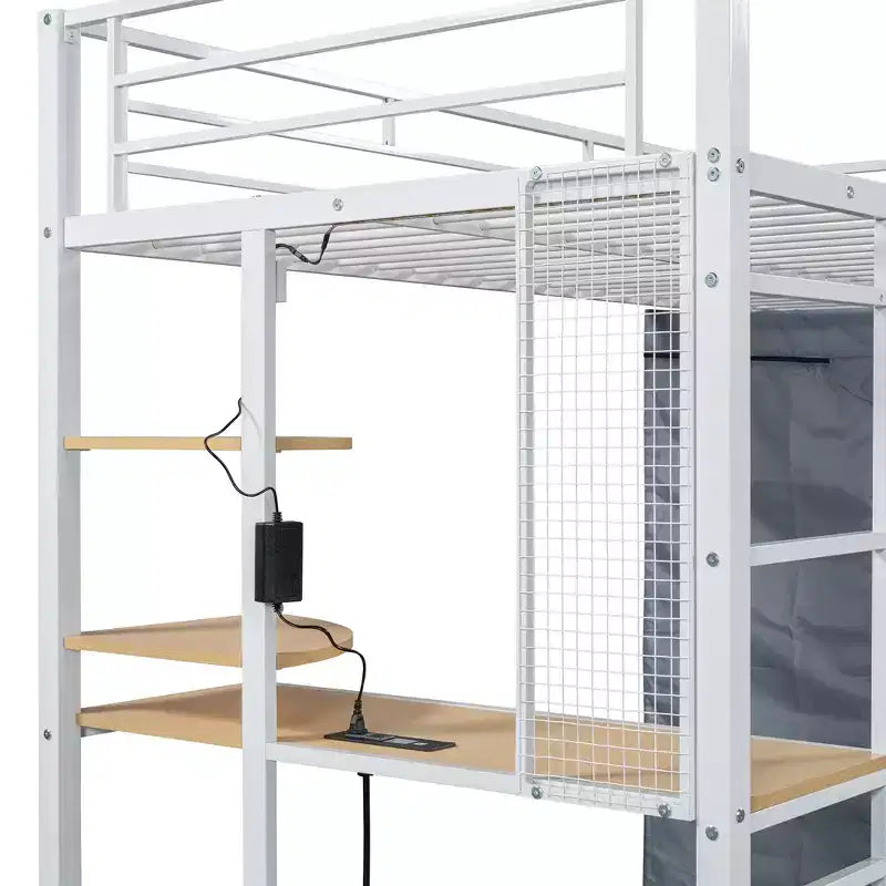 Lit mezzanine avec armoire sous le lit et rideau, cadre de lit en métal avec étagères de bureau, prise de courant et lumière LED
