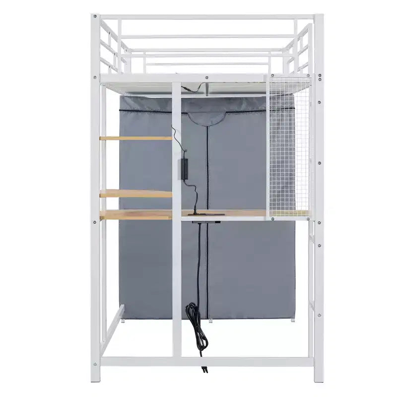 Lit mezzanine avec armoire sous le lit et rideau, cadre de lit en métal avec étagères de bureau, prise de courant et lumière LED