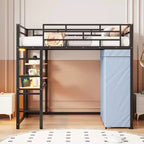 Lit mezzanine avec armoire sous le lit et rideau, cadre de lit en métal avec étagères de bureau, prise de courant et lumière LED
