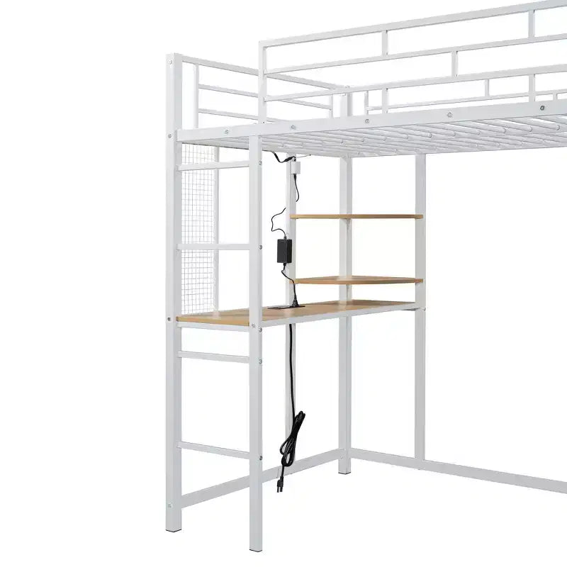 Lit mezzanine avec armoire sous le lit et rideau, cadre de lit en métal avec étagères de bureau, prise de courant et lumière LED